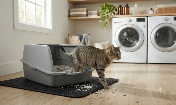 cat stepping out of paper pellet litter box on mat with scattered pellets in a laundry room