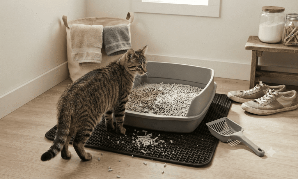 cat next to paper pellet litter box with scoop and scattered pellets on mat in home setting