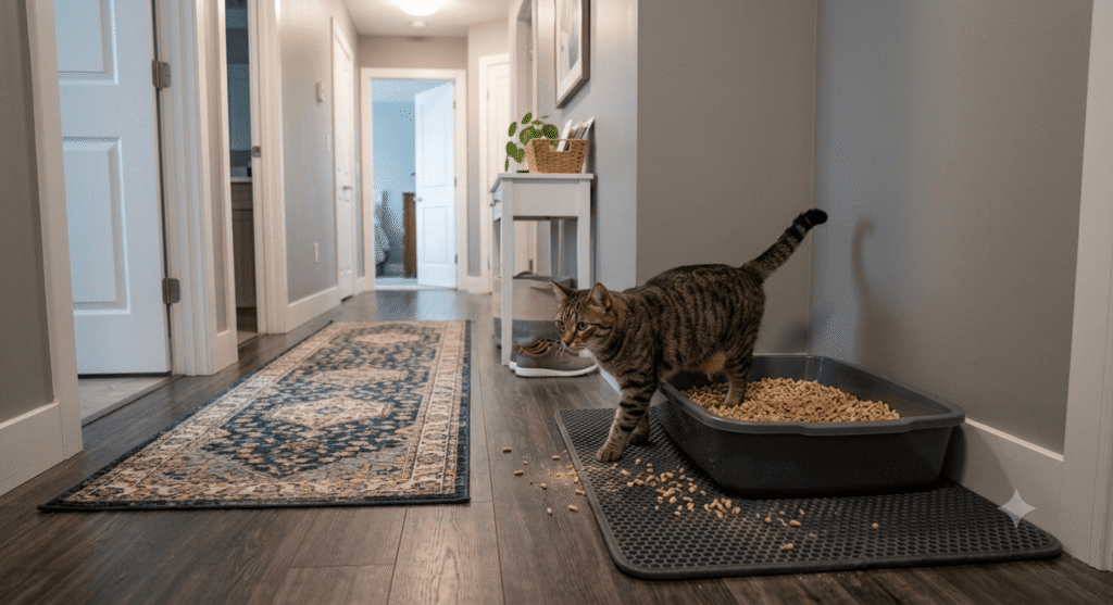cat stepping out of pine pellet non clumping litter box on litter mat in a hallway with some pellets scattered