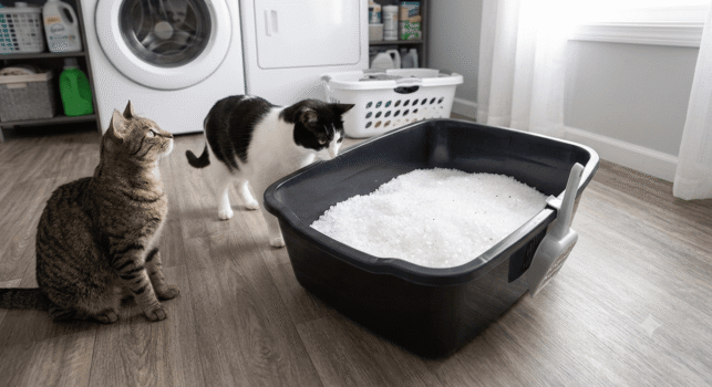 Two cats near a litter box filled with white silica crystal litter in a laundry room
