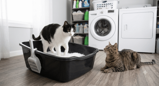PrettyLitter color chart litter box with two cats in a laundry room