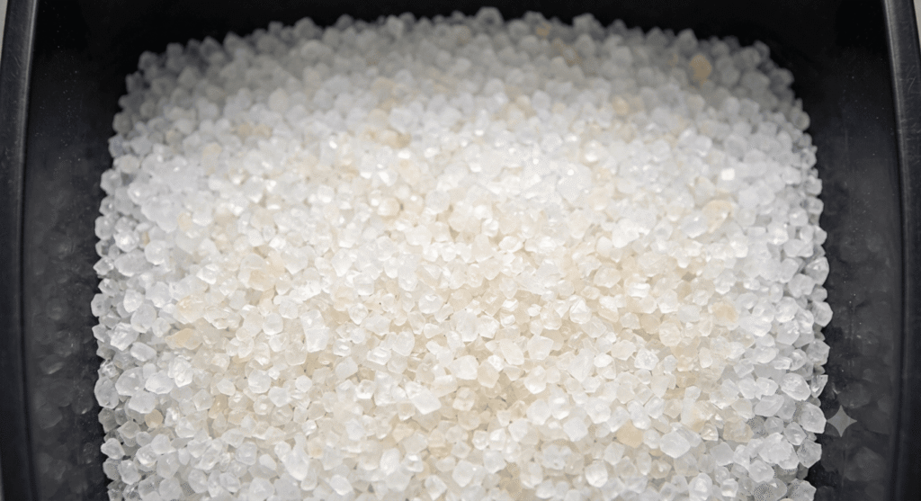 Close-up of white silica crystal cat litter showing PrettyLitter color chart normal yellow range