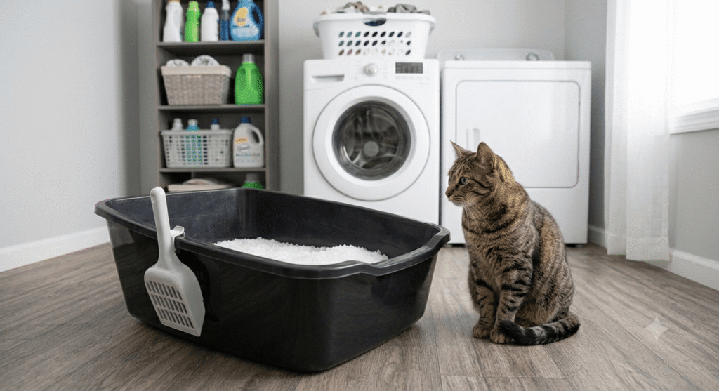 Tabby cat sitting next to a PrettyLitter crystal litter box in a laundry room