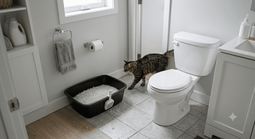 cat leaving crystal litter box in bathroom with visible litter tracking on tile floor