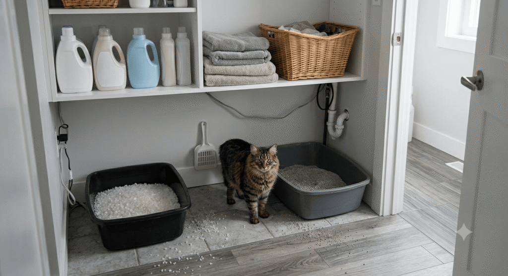 cat between crystal and clay litter boxes in laundry room with visible litter tracking on floor