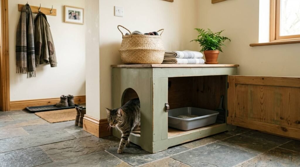 Repurposed furniture litter box enclosure with a cat walking out of a cabinet-style litter box setup in an entryway