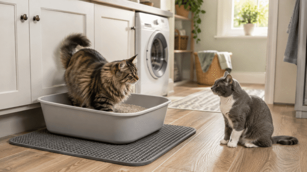 Two cats near a litter box filled with clay litter in a laundry room for Scoop Away cat litter review