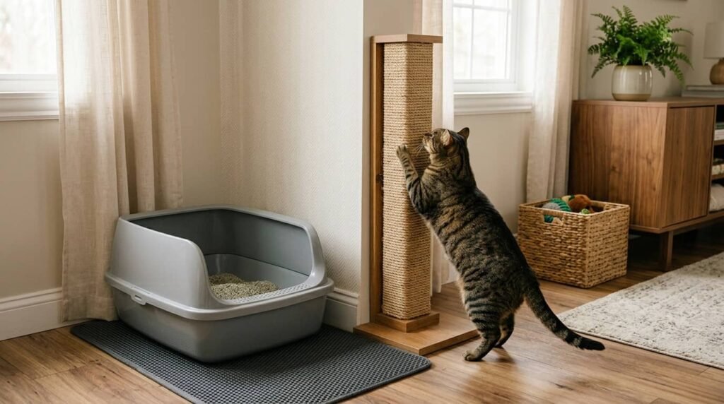 Scratching post near litter box showing a cat using the post instead of scratching the side of the litter box