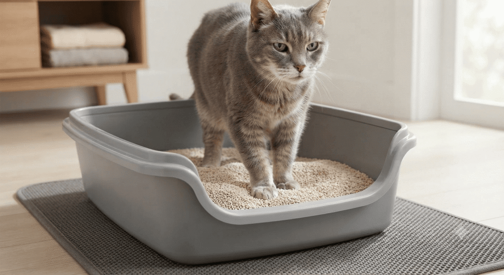 Senior gray cat standing on soft fine-grain litter in a low-entry litter box