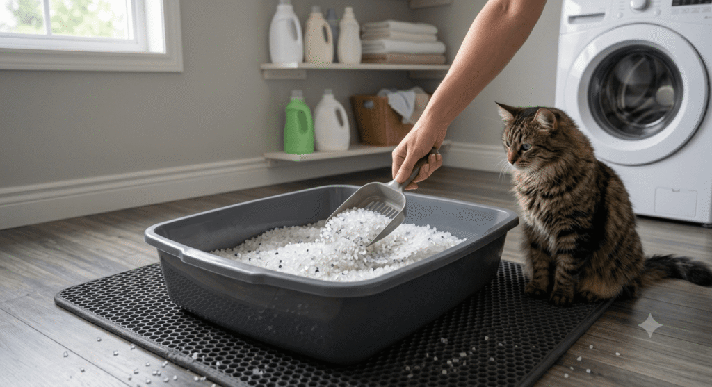 hand stirring non clumping crystal litter in litter box with cat nearby on litter mat in laundry room