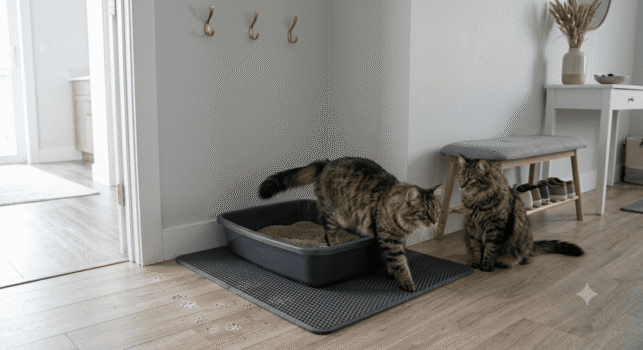two cats using lightweight clay litter in a hallway setup with litter box and mat