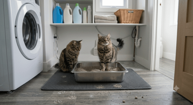 two cats using stainless steel litter box with clay litter in a laundry room with litter mat and light tracking