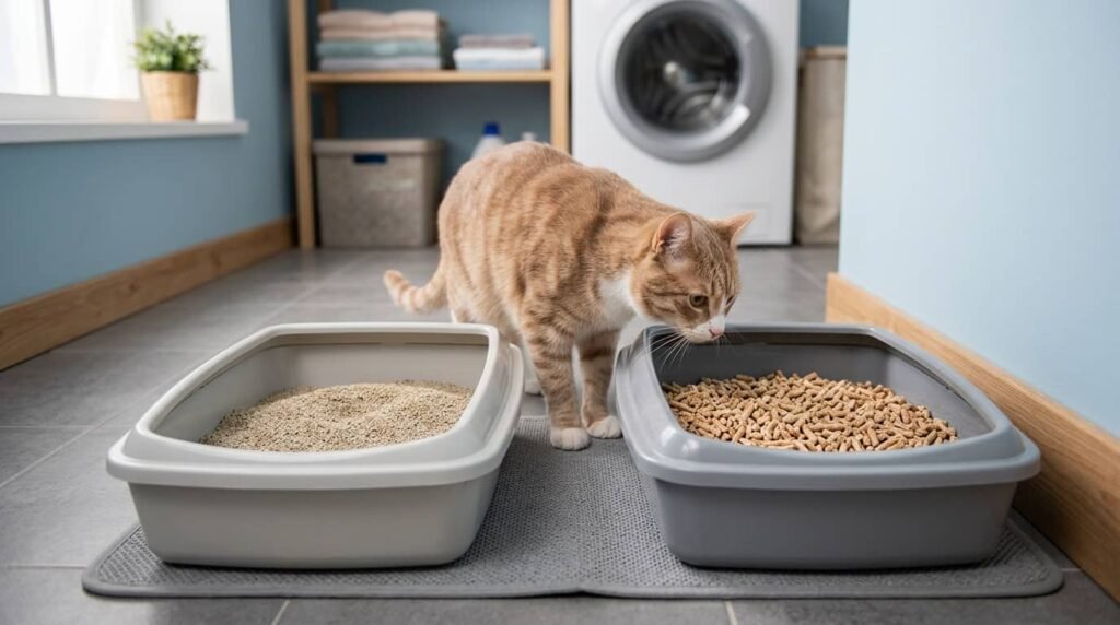 Two-box method for transitioning cat litter with one cat comparing a fine litter box and a pellet litter box side by side