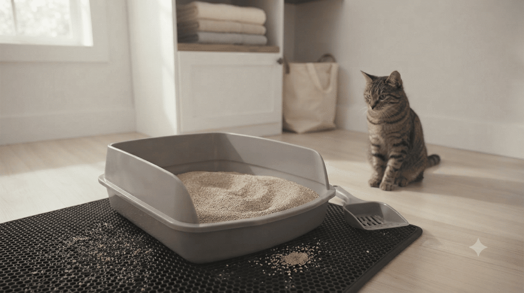 Clean litter box filled with wheat cat litter showing natural grain texture