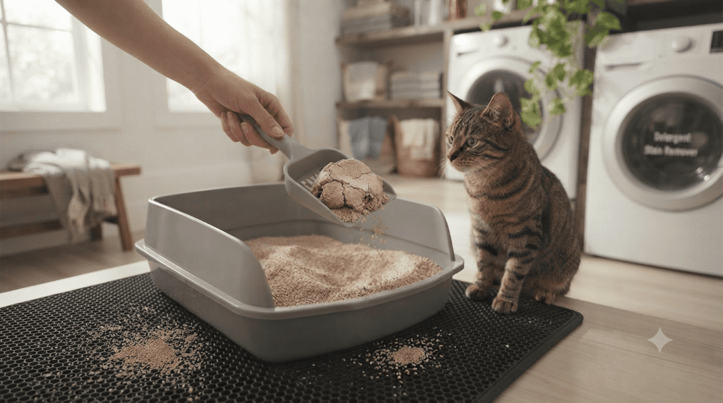 Scooping clumps from wheat cat litter showing soft natural clumping texture