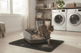 Cat stepping out of litter box with wheat cat litter on mat in a laundry room