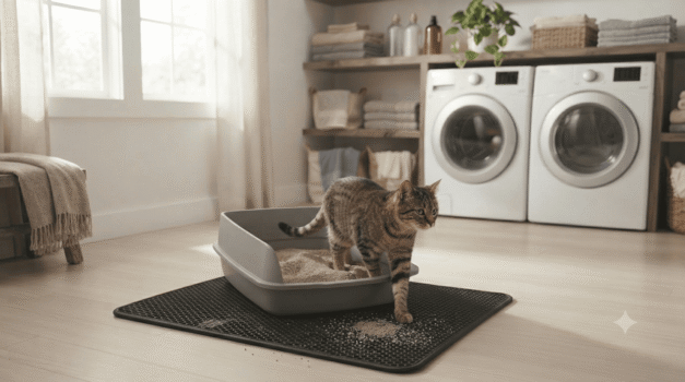 Cat stepping out of litter box with wheat cat litter on mat in a laundry room