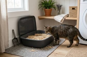 Wood cat litter featured image showing a cat sniffing a litter box filled with wood pellets in a clean laundry room setup