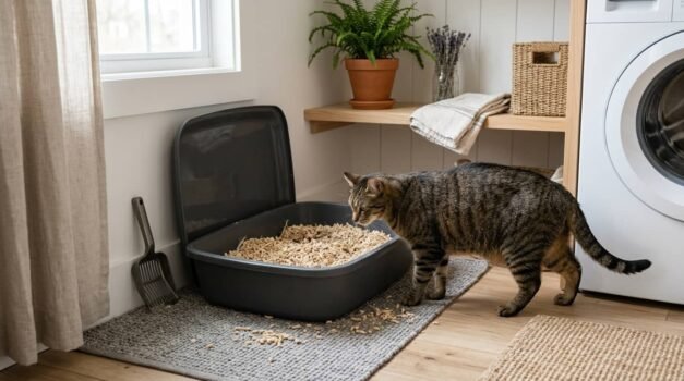 Wood cat litter featured image showing a cat sniffing a litter box filled with wood pellets in a clean laundry room setup