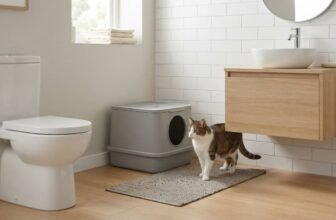 Best litter box for small bathroom placed between a toilet and vanity with a cat nearby