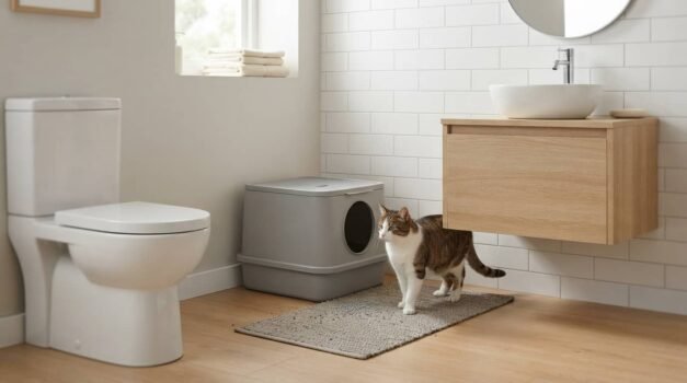 Best litter box for small bathroom placed between a toilet and vanity with a cat nearby