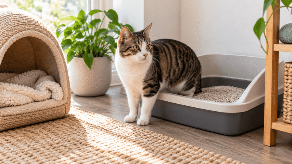 cat laying near litter box with a cozy hiding spot