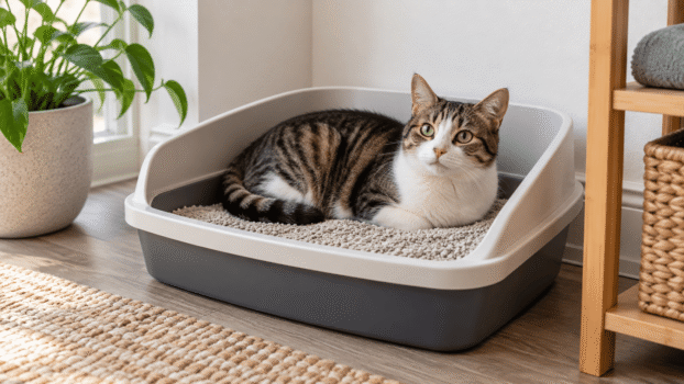 why is my cat laying in the litter box