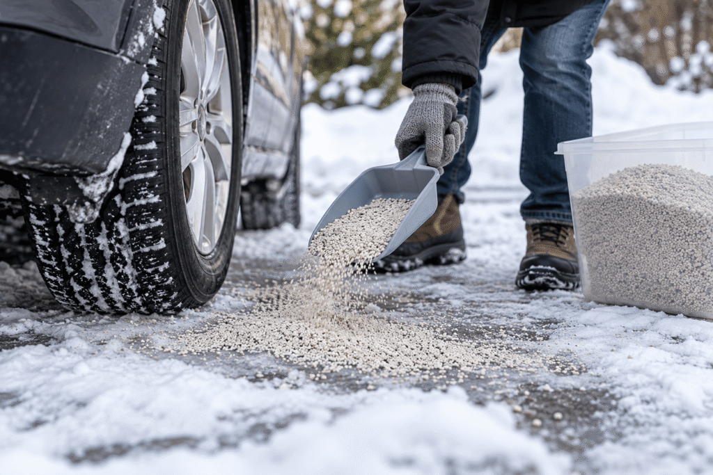 Cat litter being spread in front of a car tire on an icy driveway to help with traction.