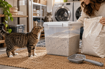 Does cat litter expire hero image showing cat litter being stored in a sealed container in a realistic laundry room with cats.
