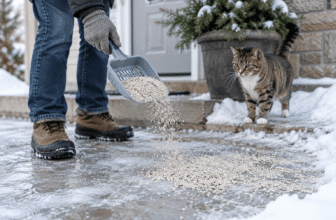 Does cat litter melt ice hero image showing cat litter being spread on an icy walkway for traction beside a cat.