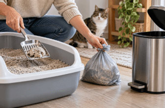 How to dispose of cat litter by scooping used litter into a bag beside a household trash can.