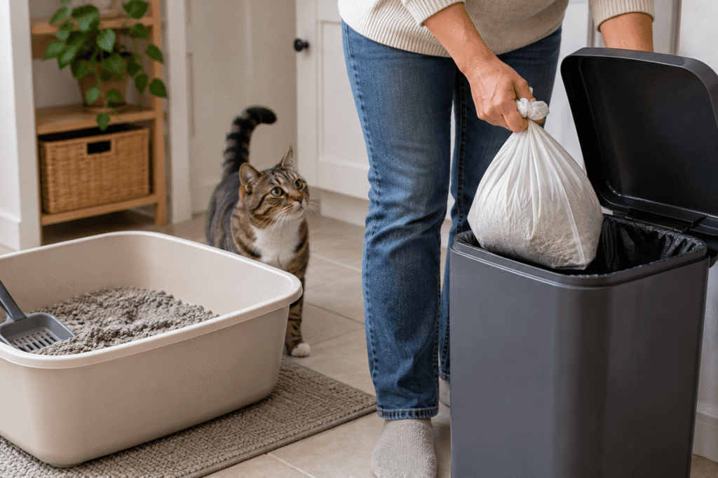 Person placing a securely tied bag of used cat litter into a lidded trash can beside a litter box.