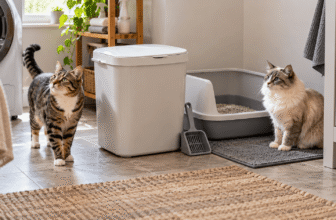 Litter Genie review featuring a generic cat litter disposal pail beside a litter box with two cats in a laundry room.