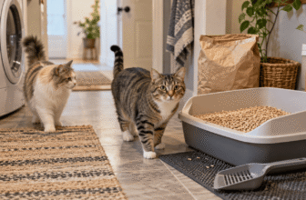Really Great Cat Litter review hero image with two cats beside a pellet litter box in a realistic laundry room.