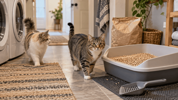 Really Great Cat Litter review hero image with two cats beside a pellet litter box in a realistic laundry room.